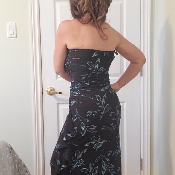 Black & Teal Sequence Strapless Dress - Picture 4 of 16